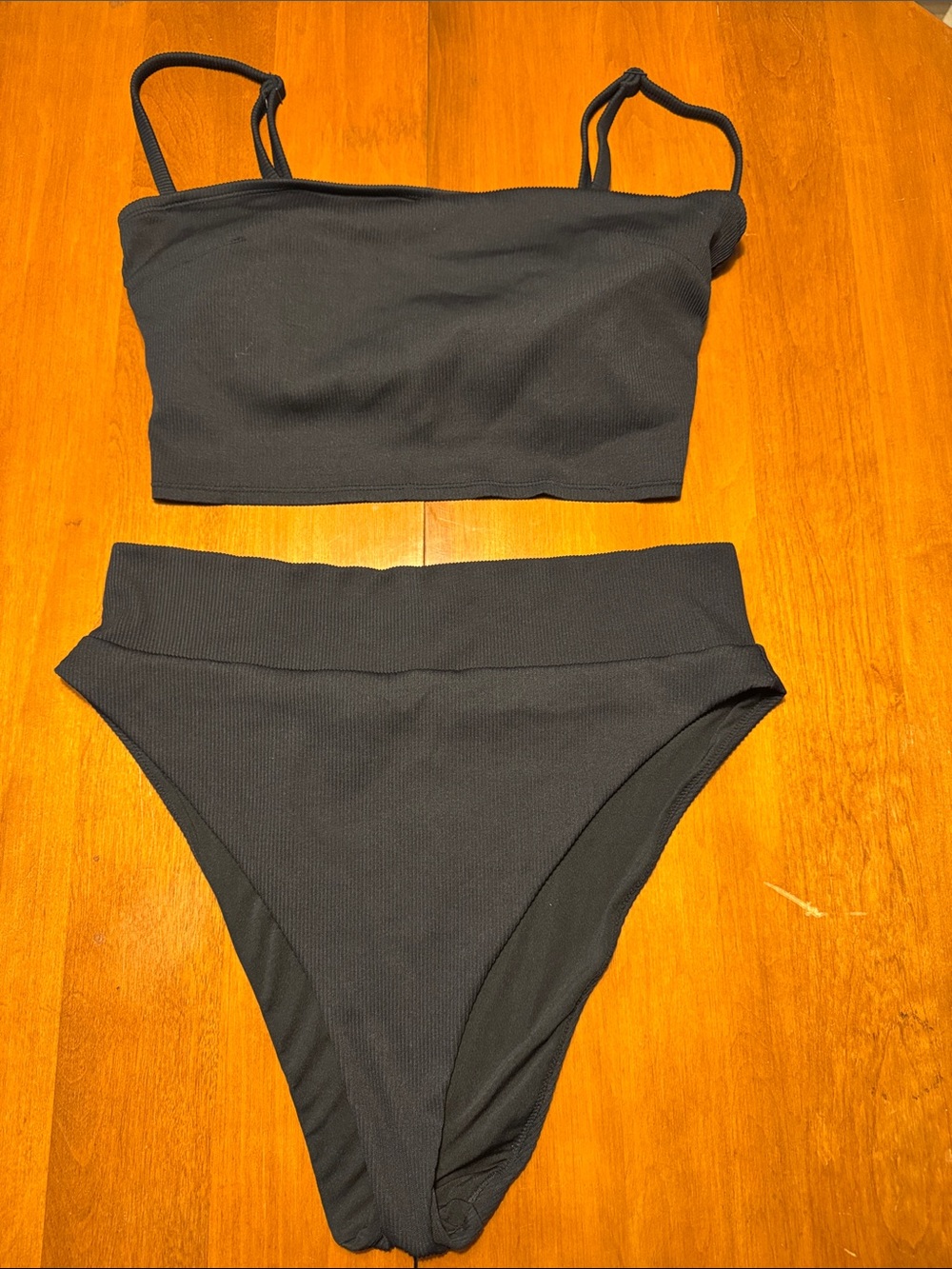 aerie Black Ribbed High-Waist Bikini Set